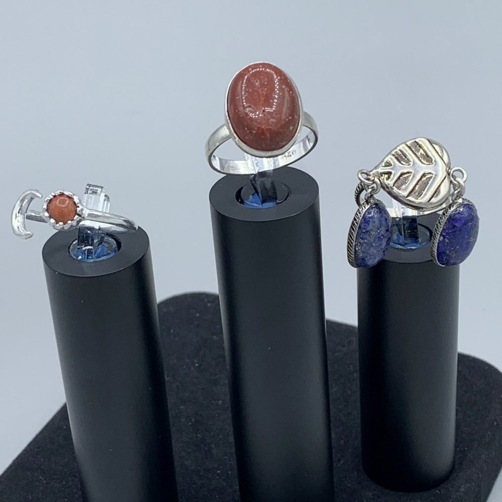 Trio Silver Toned Rings With Orange & Blue Stones